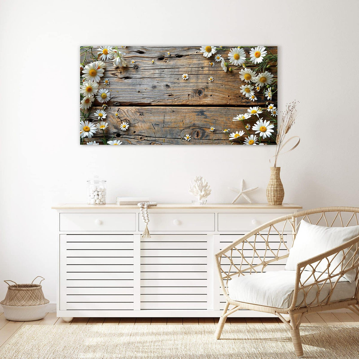 Echtglas, 4 mm – kein Acryl, keine Folie – Wandbild - Gänseblümchen auf Holz - Querformat