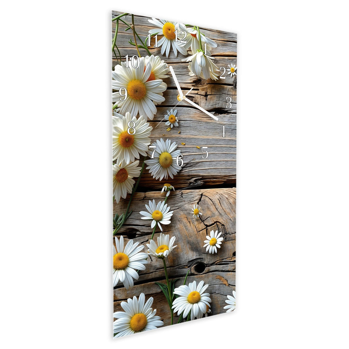 Vormontiert – mit Schwebeeffekt – Wanduhr Holz und Gänseblümchen aus Glas – Hochformat 30 × 60 cm