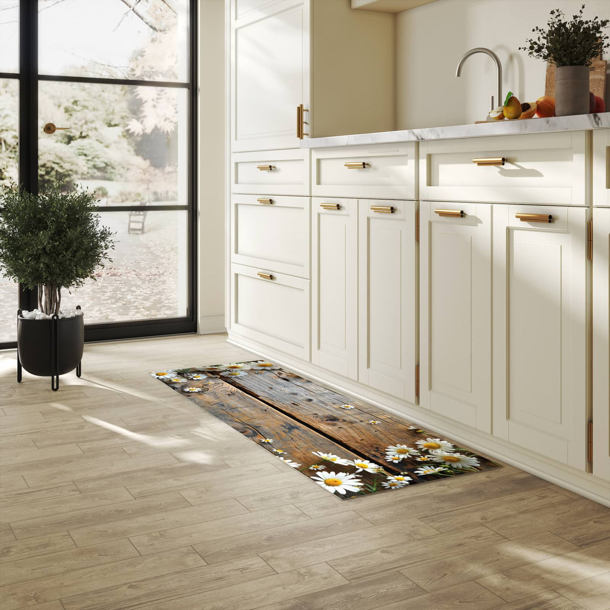 Rutschfester Küchenläufer mit Motiv Holz und Gänseblümchen in heller Küche