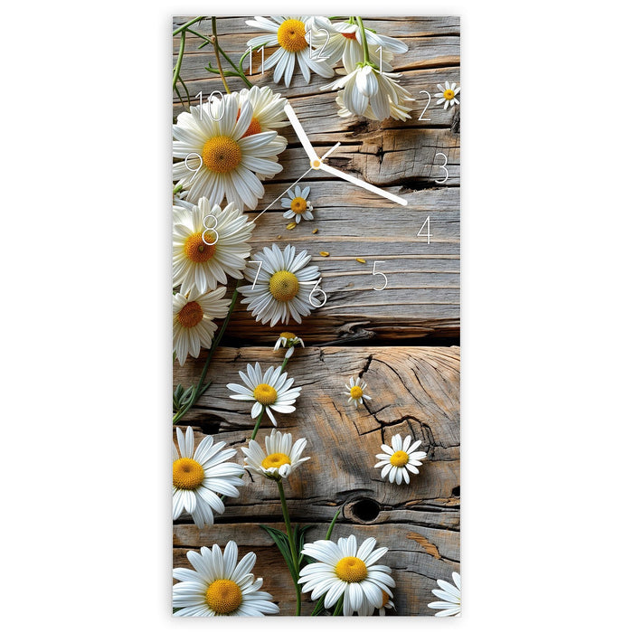 Wanduhr Holz und Gänseblümchen aus Glas – Hochformat 30 × 60 cm mit Ziffernblatt Elegant
