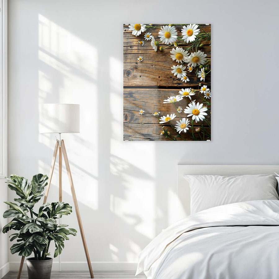 Maße Wandbild - Gänseblümchen auf Holz - Hochformat