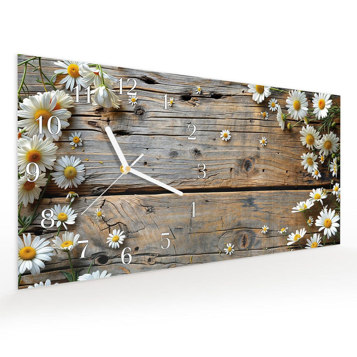Vormontiert – mit Schwebeeffekt – Wanduhr Holz und Gänseblümchen aus Glas – Querformat 60 × 30 cm
