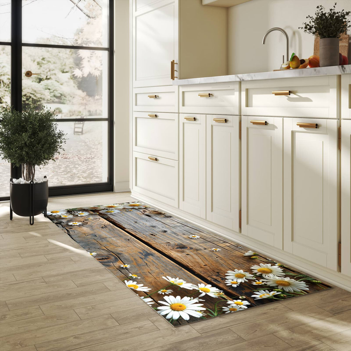 Küchenteppich mit Motiv Holz und Gänseblümchen für Trittkomfort in heller Küche