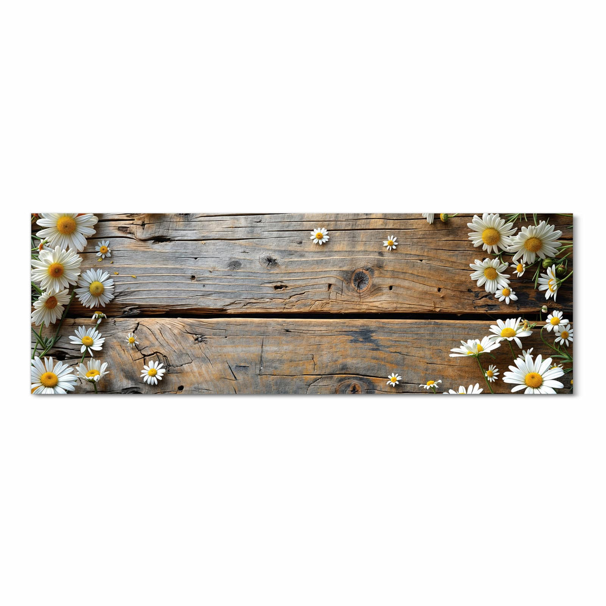 Flacher Küchenläufer mit Motiv Holz und Gänseblümchen in Frontansicht für die Küche