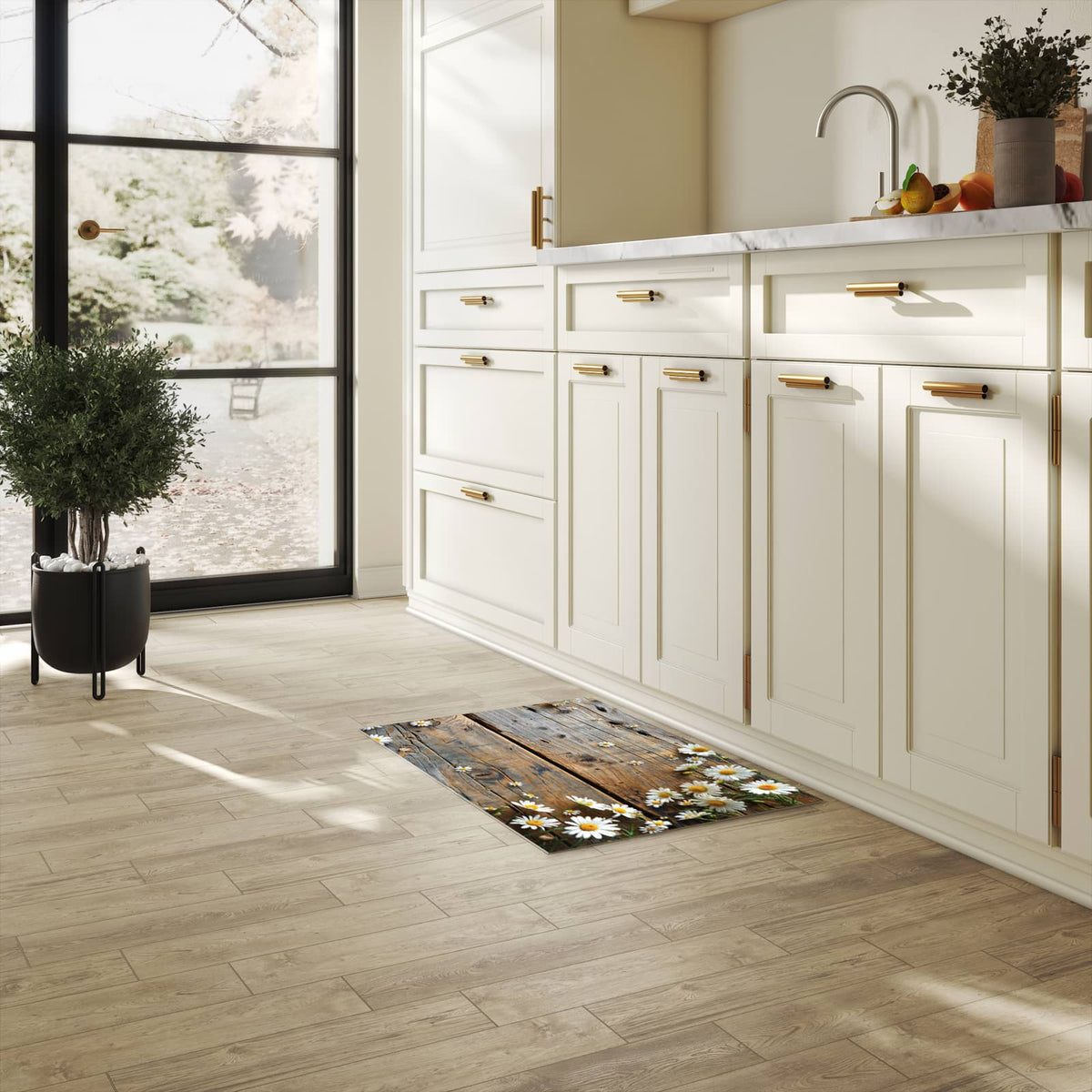 Strapazierfähiger Küchenteppich mit Motiv Holz und Gänseblümchen in heller Küche