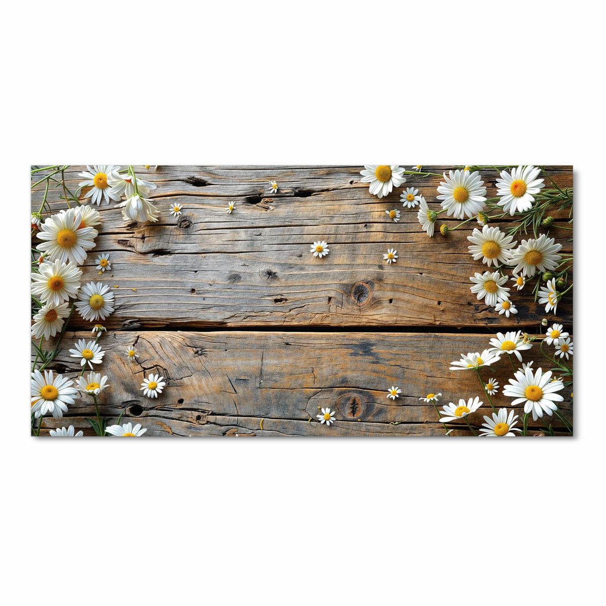 Geruchsneutraler waschbarer Teppich für die Küche mit Motiv Holz und Gänseblümchen in Frontansicht