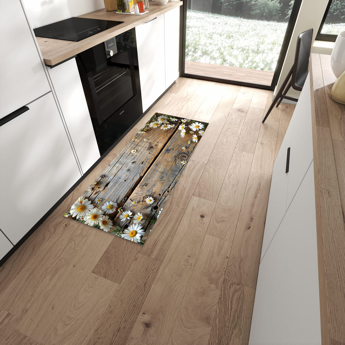 Flacher Küchenteppich mit Motiv Holz und Gänseblümchen in moderner Küche #grösse_60 x 150 cm