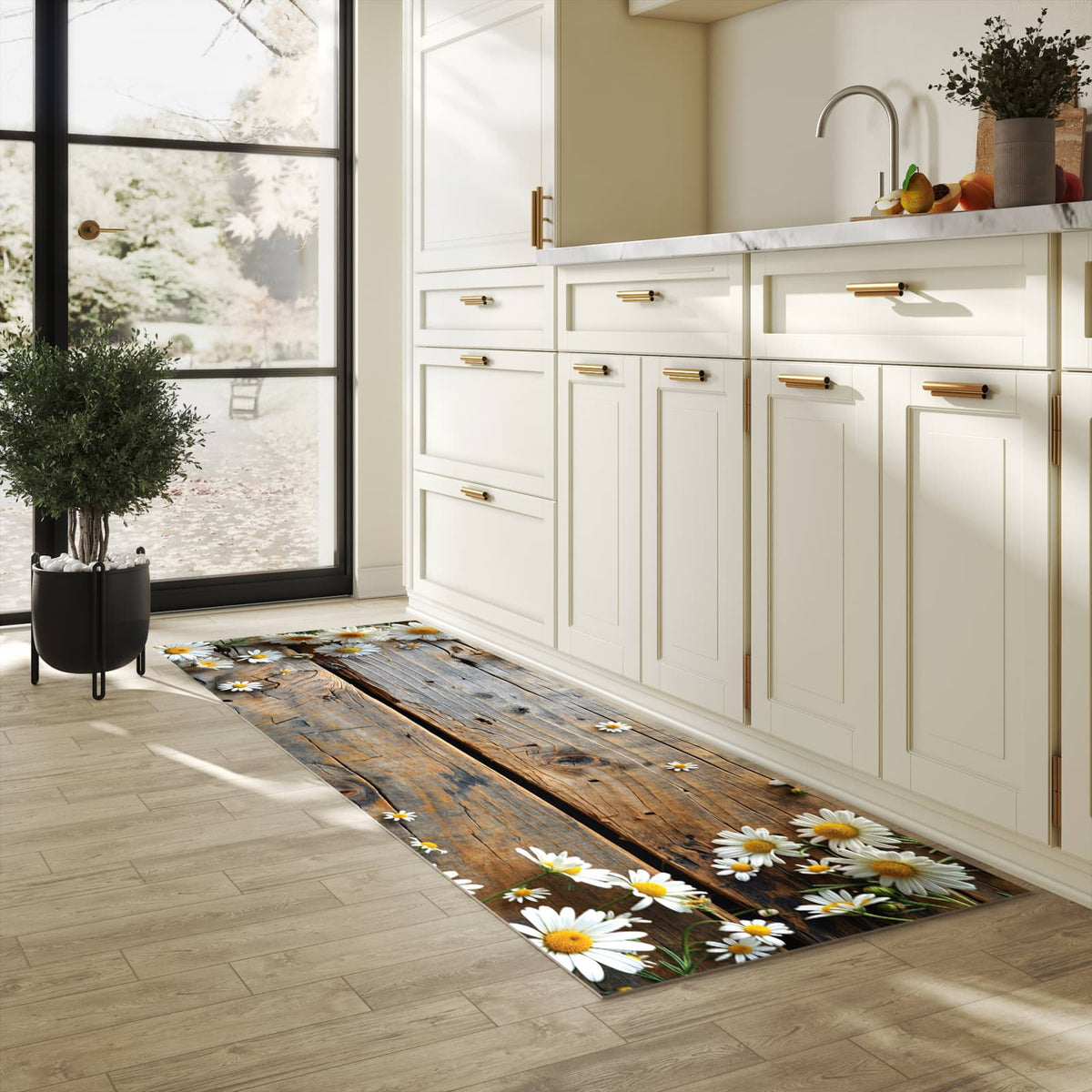 Langlebiger Küchenteppich mit Motiv Holz und Gänseblümchen in heller Küche