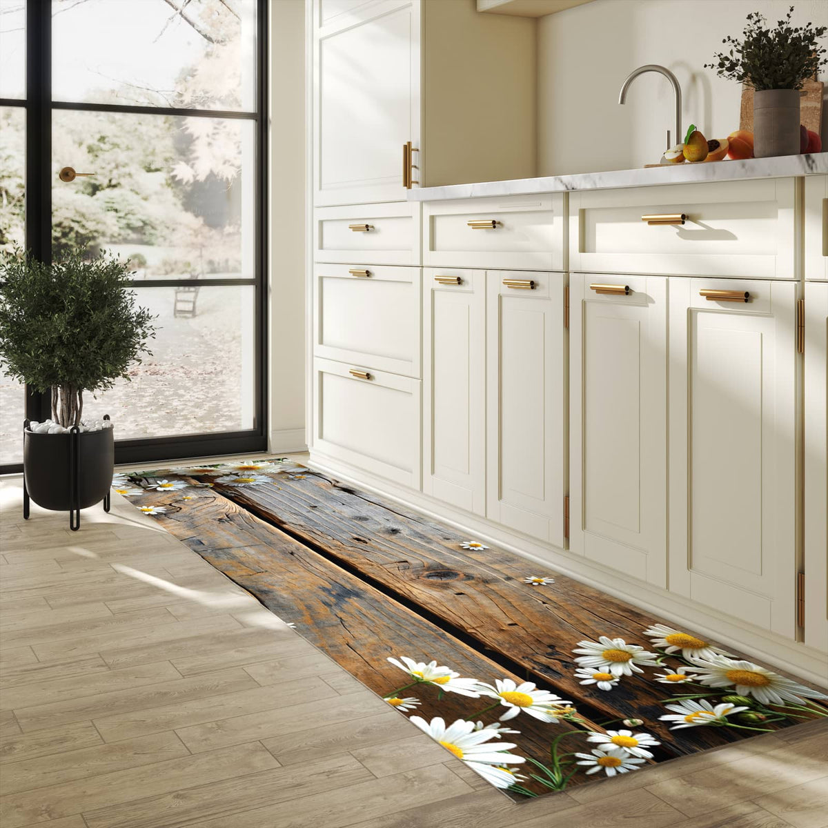 Abriebfester Läufer für die Küche mit Motiv Holz und Gänseblümchen in heller Küche