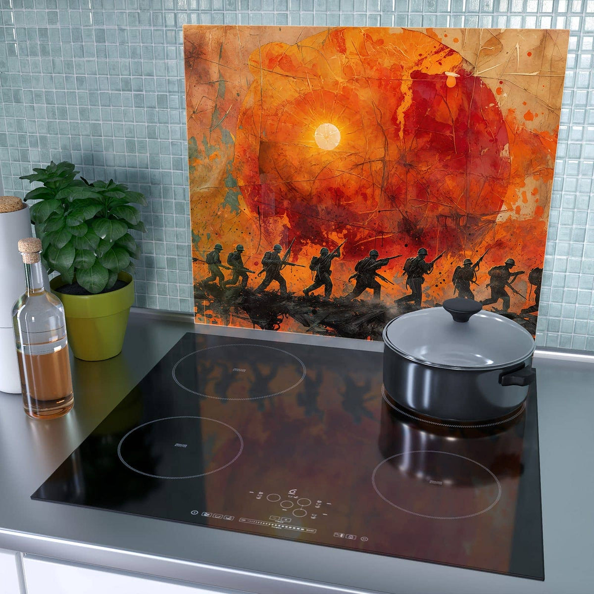 Herdabdeckplatte Marsch vor roter Sonne – Soldatensilhouetten vor roter Sonne
