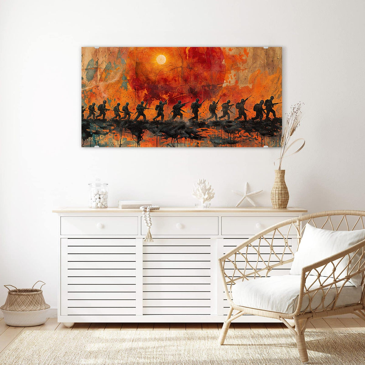 Echtglas, 4 mm – kein Acryl, keine Folie – Wandbild - Marsch vor roter Sonne - Querformat