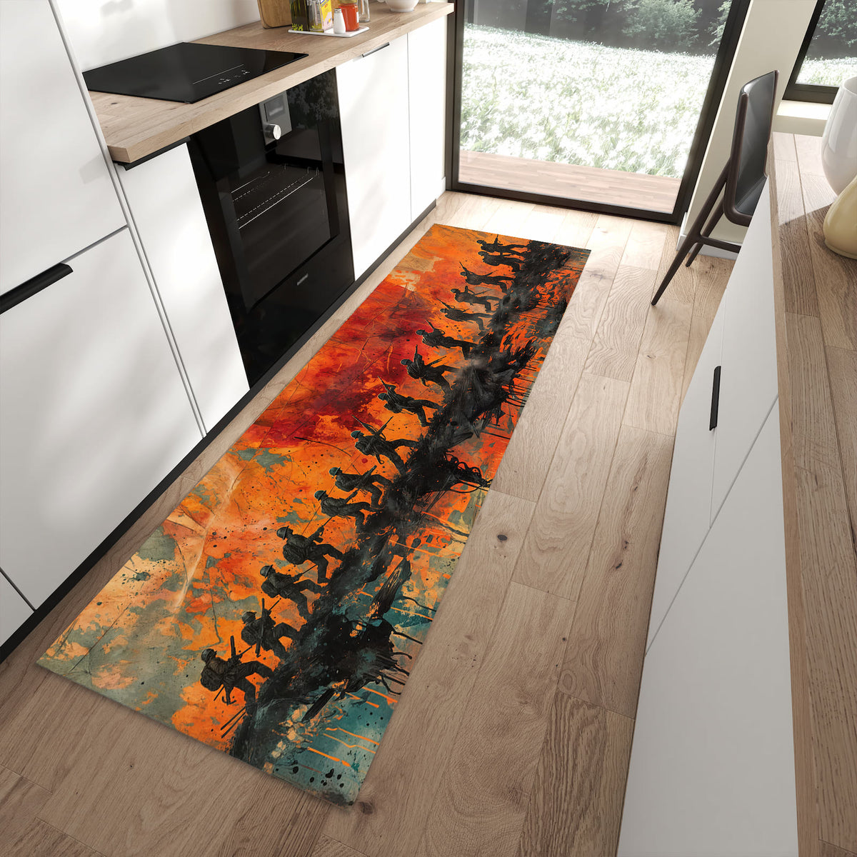 Komfortabler Küchenläufer mit Motiv Marsch im Sonnenuntergang in moderner Küche