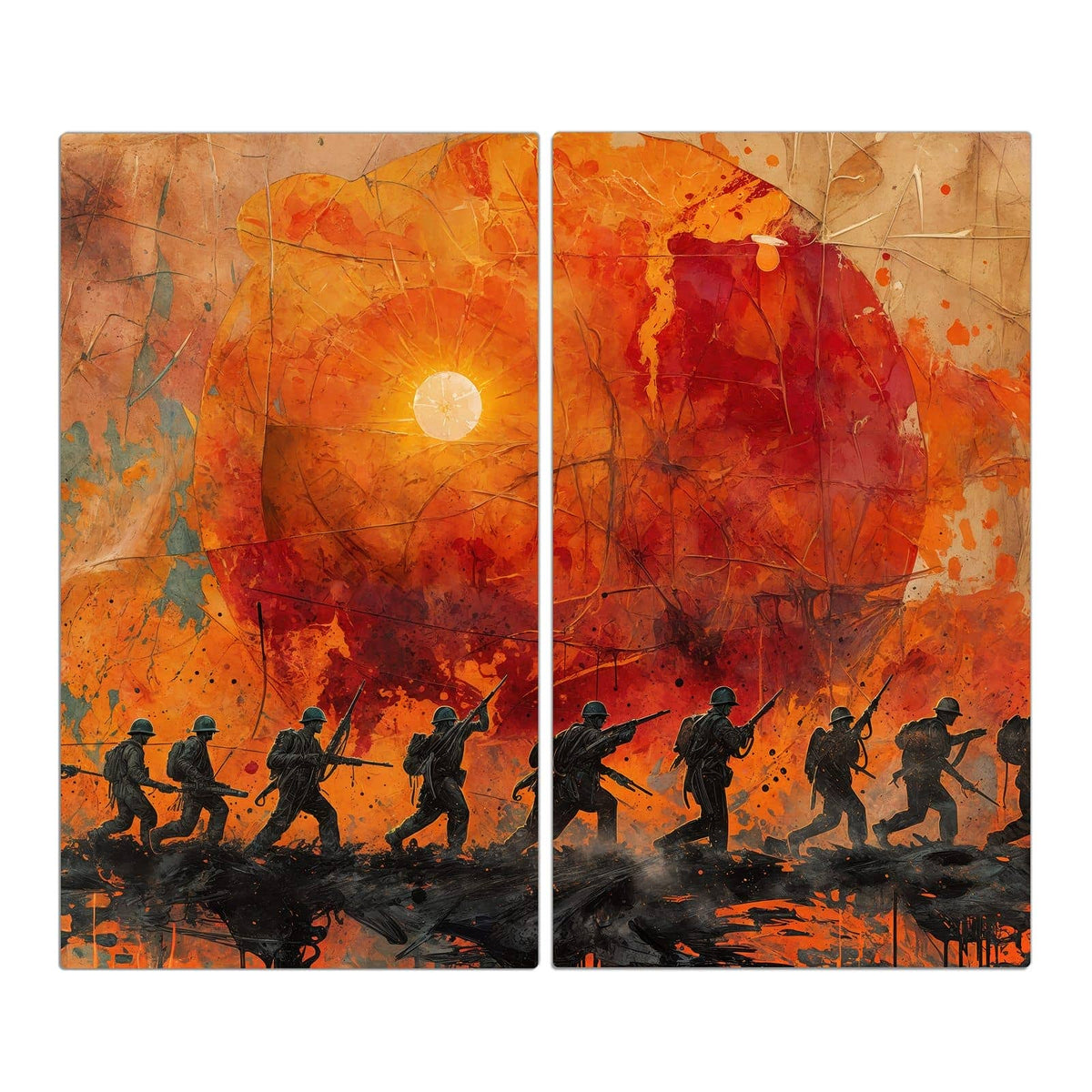 Silhouetten marschierender Soldaten mit Gewehren vor einer großen roten Sonne, Farbspritzer im Grunge-Stil
