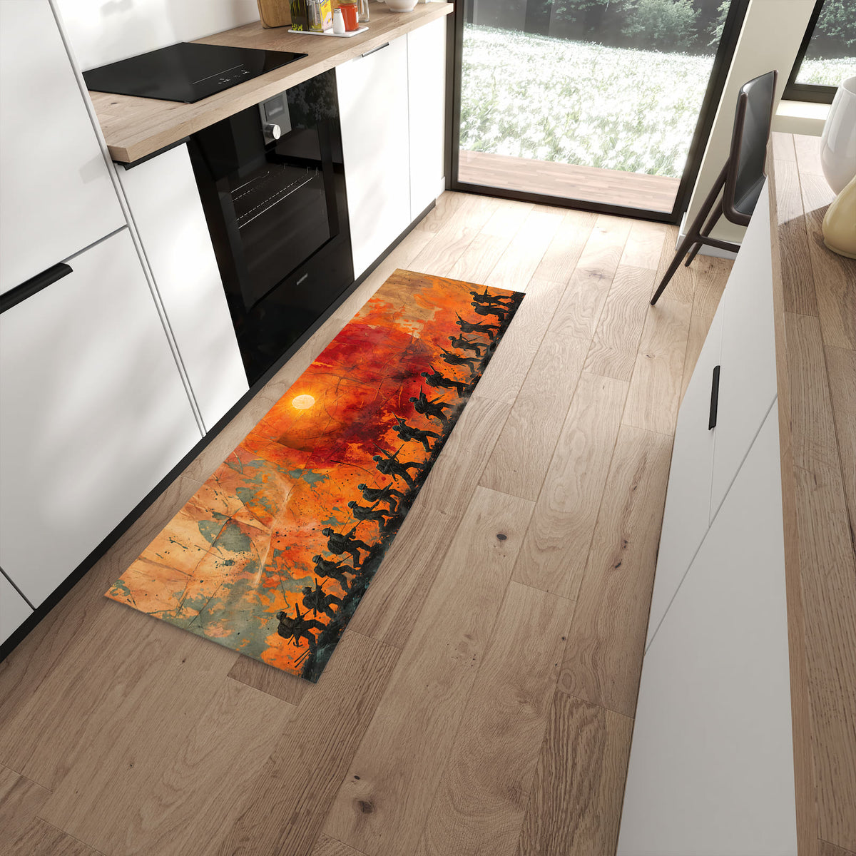 Formstabiler rutschfester Küchenläufer mit Motiv Marsch im Sonnenuntergang in moderner Küche