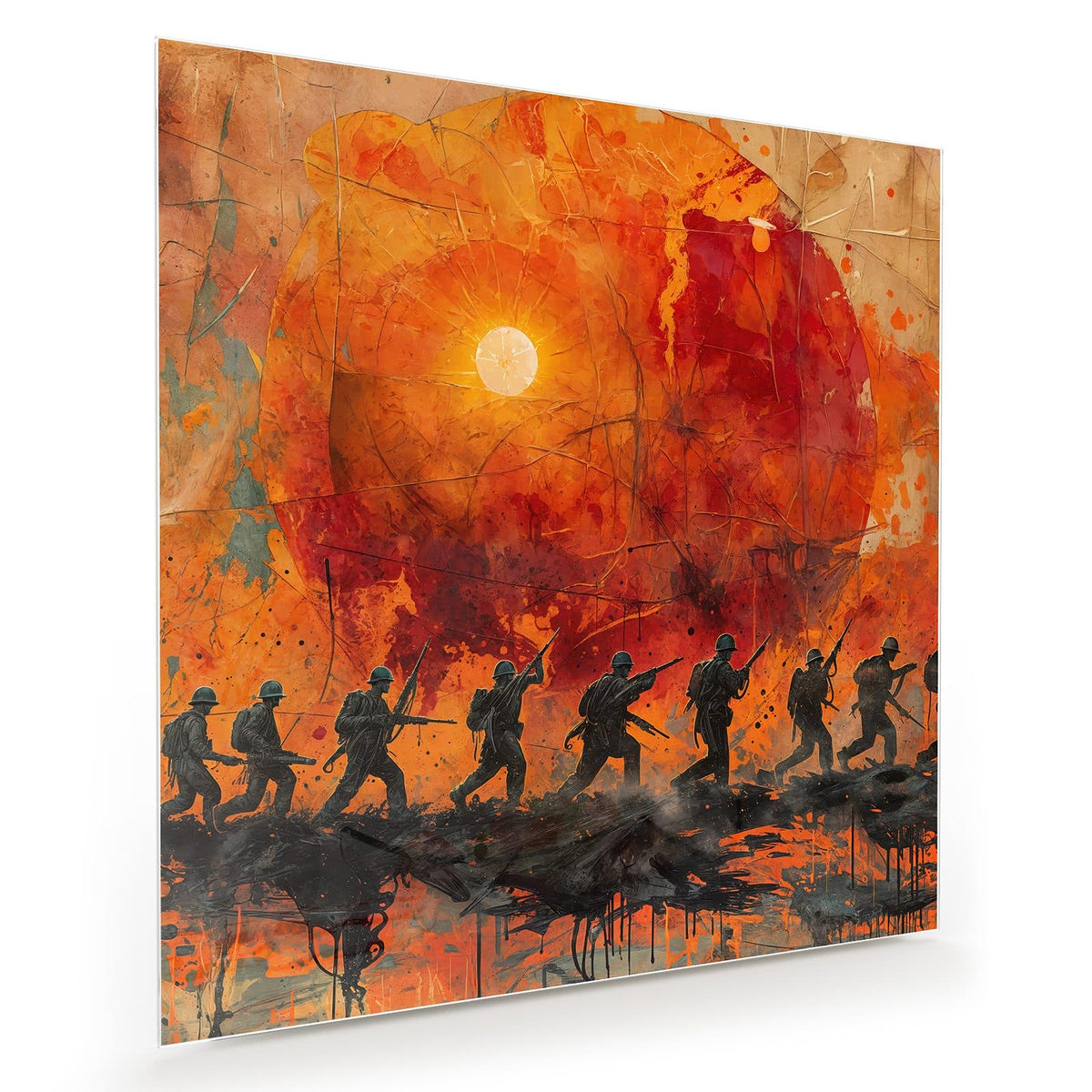 Silhouetten marschierender Soldaten mit Gewehren vor einer großen roten Sonne, Farbspritzer im Grunge-Stil