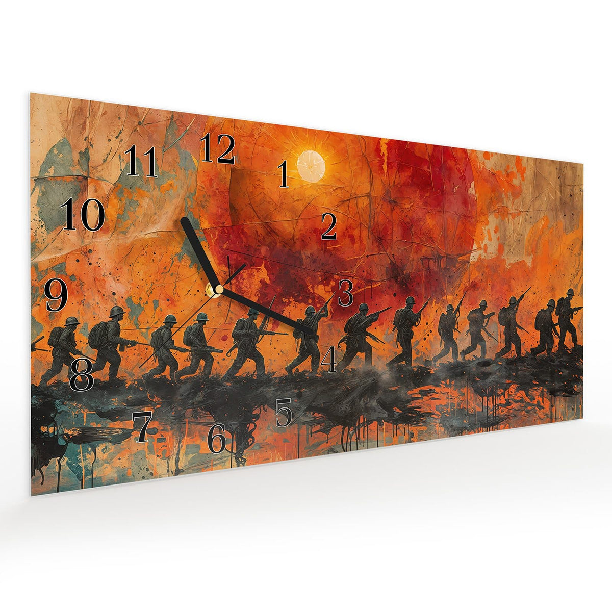 Vormontiert – mit Schwebeeffekt – Wanduhr Marsch im Sonnenuntergang aus Glas – Querformat 60 × 30 cm