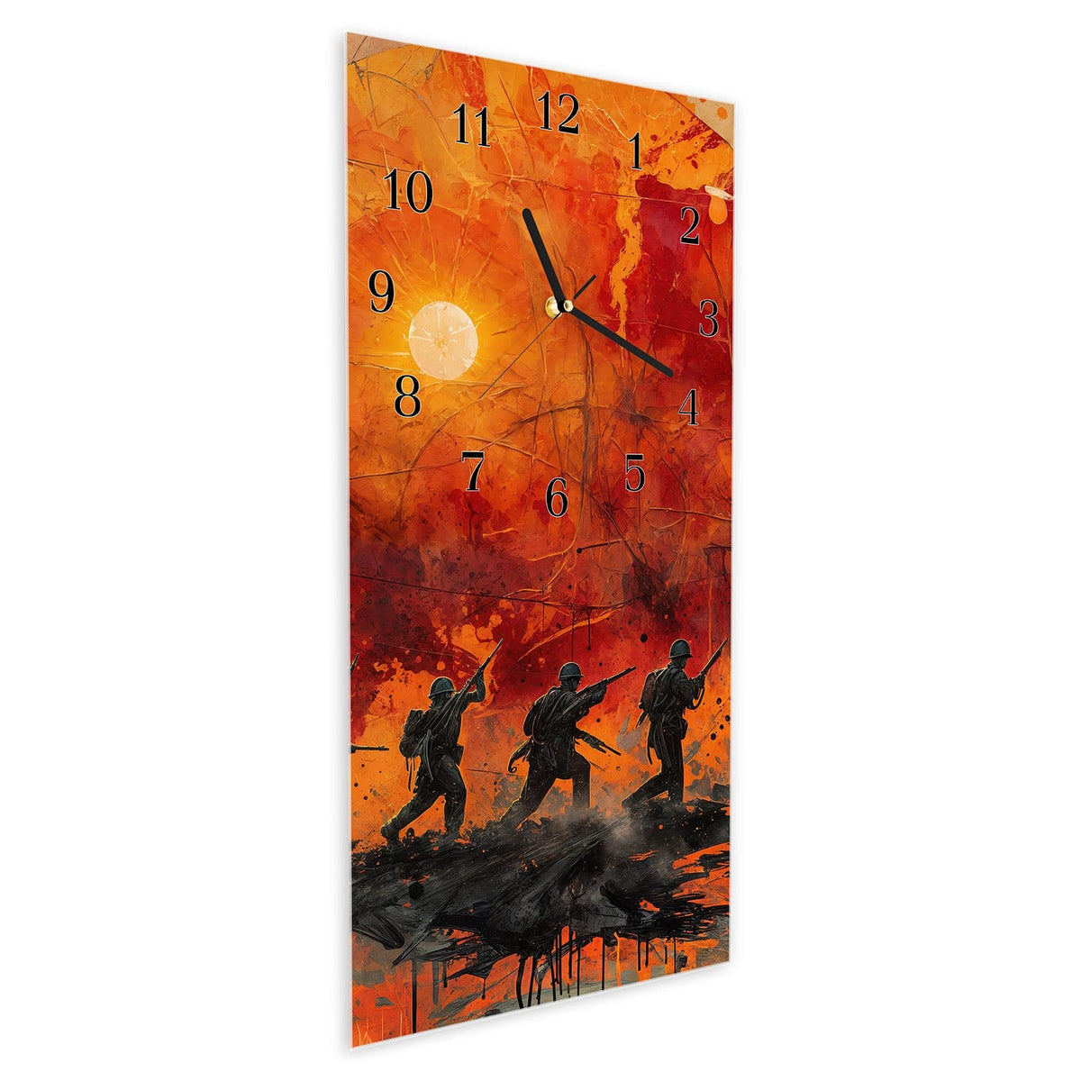 Vormontiert – mit Schwebeeffekt – Wanduhr Marsch im Sonnenuntergang aus Glas – Hochformat 30 × 60 cm