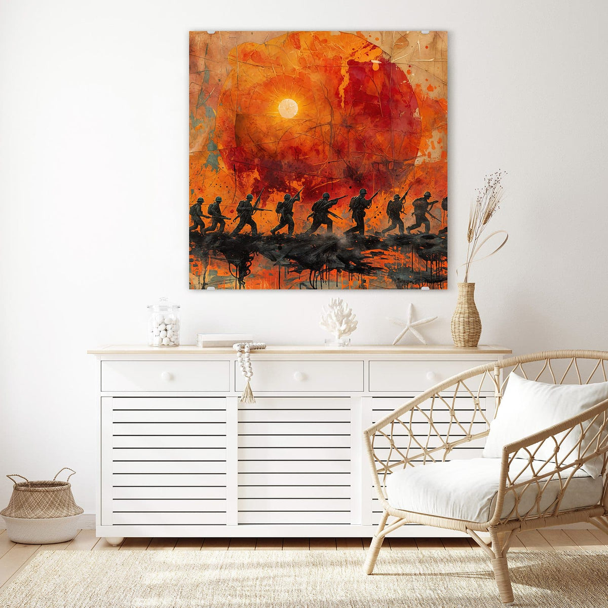 Echtglas, 4 mm – kein Acryl, keine Folie – Wandbild - Marsch vor roter Sonne - Quadratisch