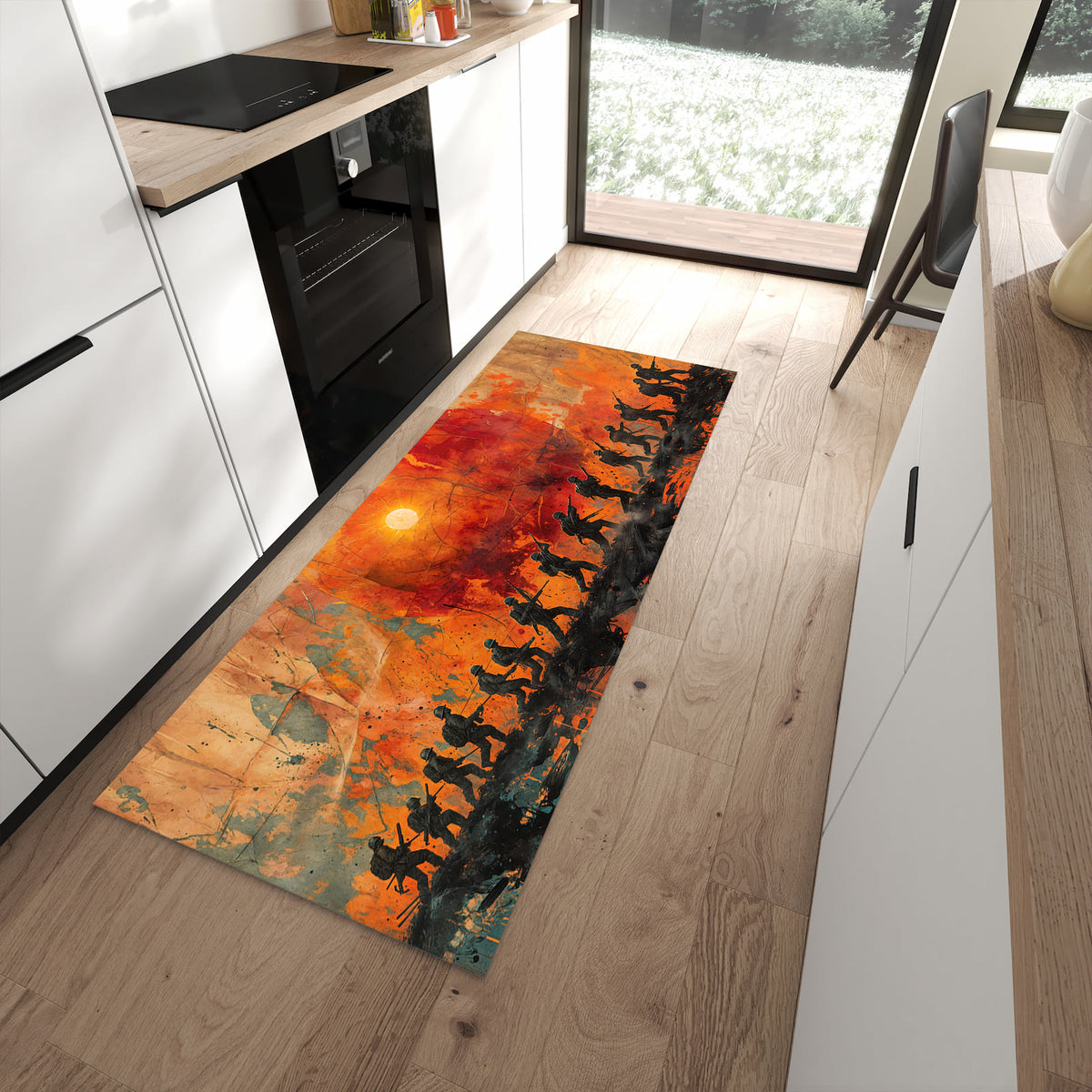 UV-beständiger Küchenläufer mit Motiv Marsch im Sonnenuntergang in moderner Küche - waschbar
