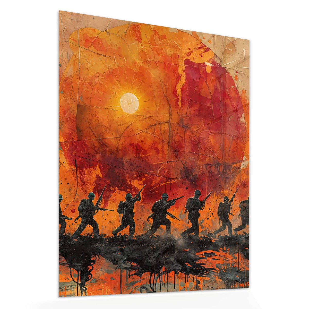 Echtglas, 4 mm – kein Acryl, keine Folie – Wandbild - Marsch vor roter Sonne - Hochformat