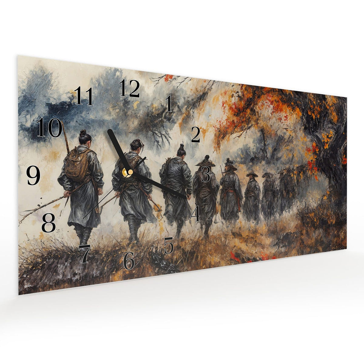 Vormontiert – mit Schwebeeffekt – Wanduhr Spezialkräfte Herbst aus Glas – Querformat 60 × 30 cm