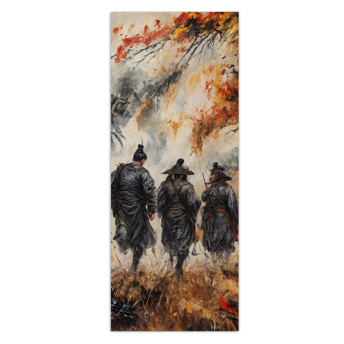 Wandbild - Wanderer im Herbstwald - Hochformat – Gruppe mit Strohhüten im Herbstwald