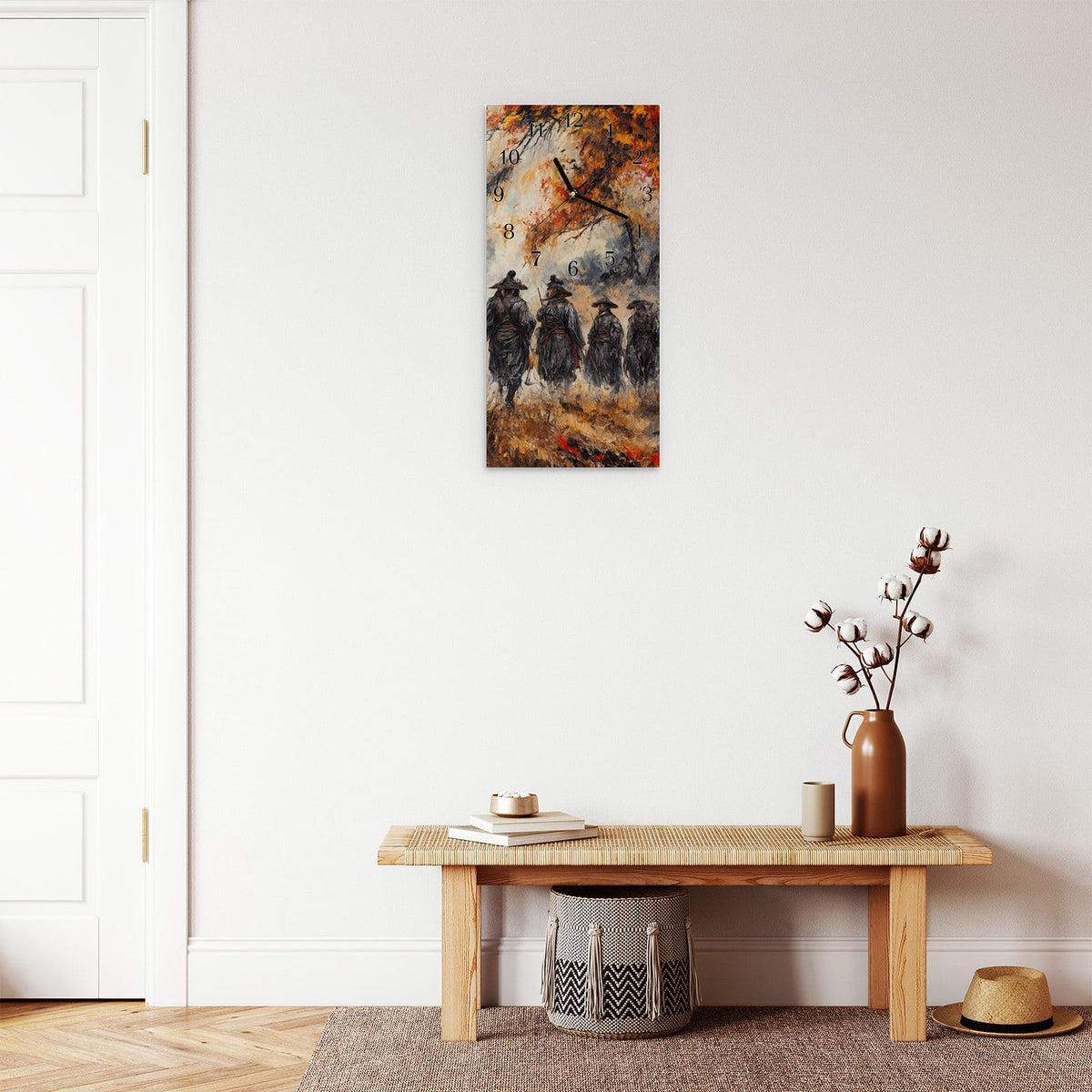 Moderne Wanduhr aus Glas mit Farbtiefe – Wanduhr Spezialkräfte Herbst aus Glas – Hochformat 30 × 60 cm