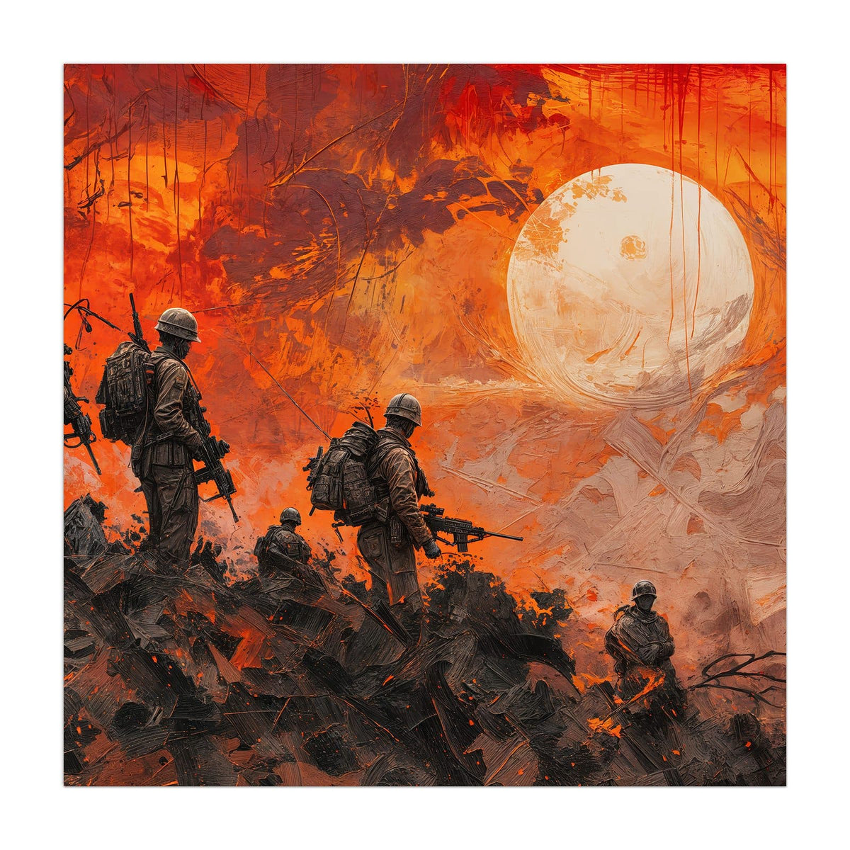 Küchenrückwand aus Glas Soldaten im Abendrot im quadratischen Format, Motiv bildfüllend von vorn