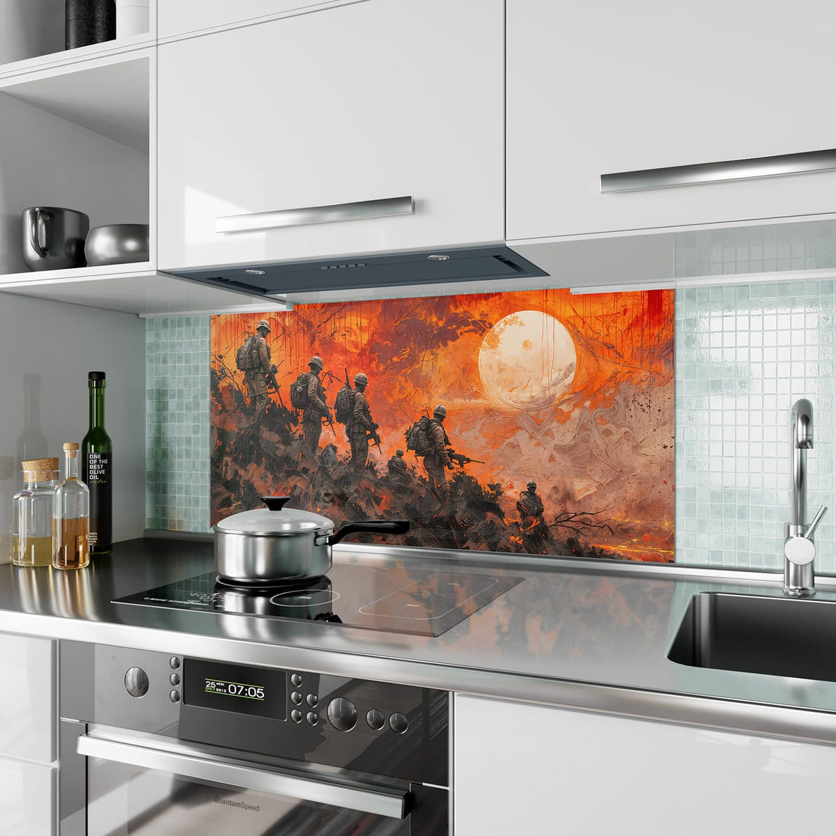 Küchenrückwand aus Glas Soldaten im Abendrot im Hochformat als Spritzschutz hinter dem Kochfeld, über dem Fliesenspiegel montiert
