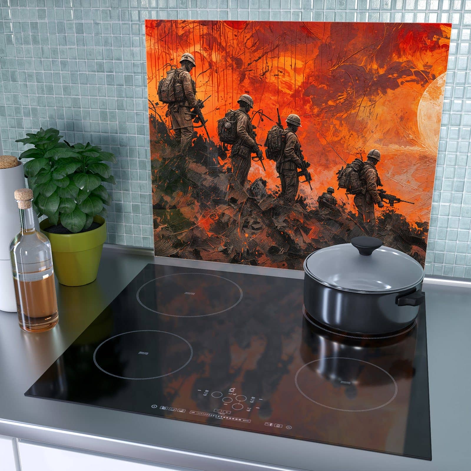 1-teilige Kochfeldabdeckung mit Soldaten im Sonnenuntergang-Motiv als Spritzschutz hinter dem Kochfeld
