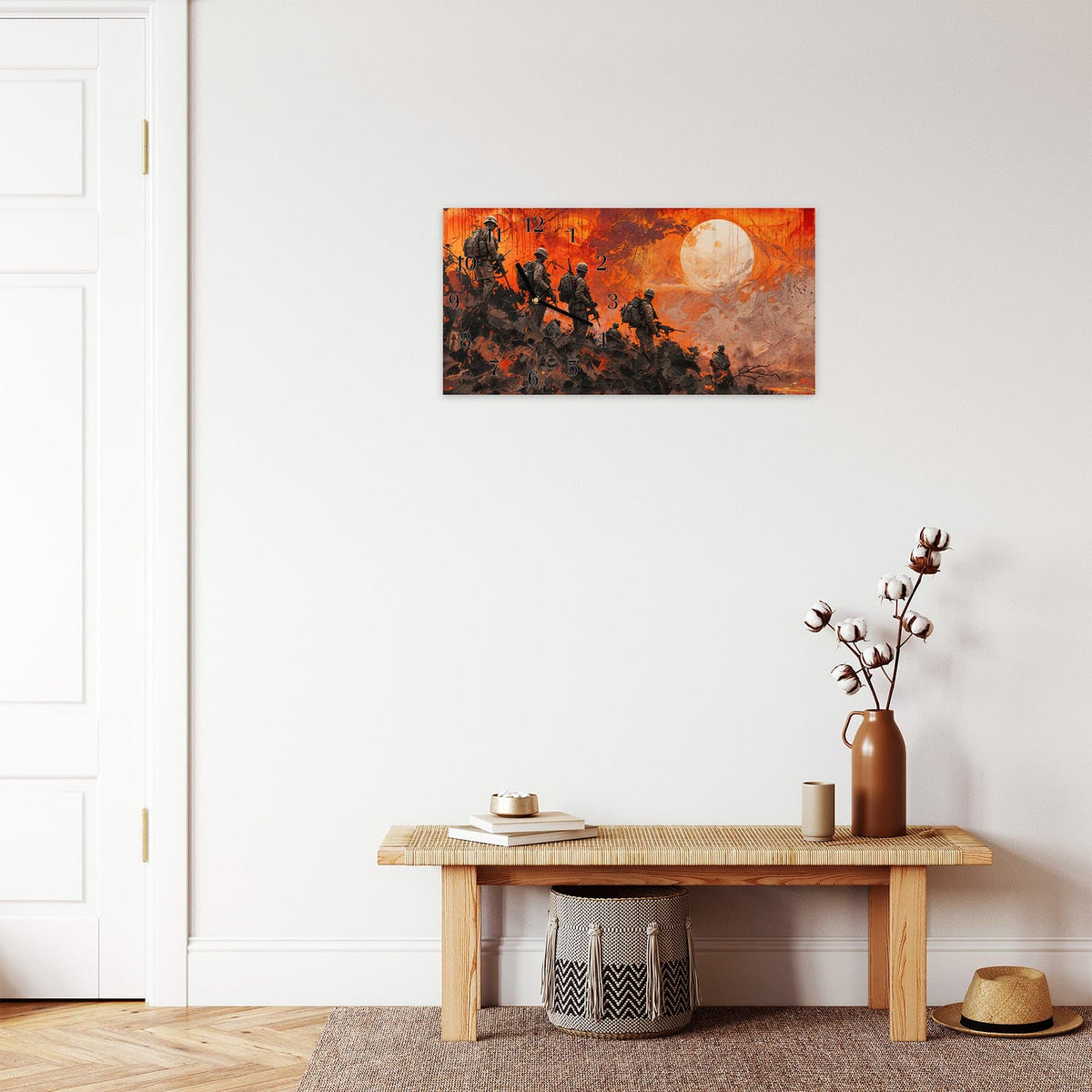 Moderne Wanduhr aus Glas mit Farbtiefe – Wanduhr Soldaten im Sonnenuntergang aus Glas – Querformat 60 × 30 cm