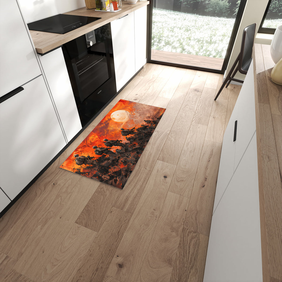 Formstabiler waschbarer Läufer für die Küche mit Motiv Soldaten im Sonnenuntergang in moderner Küche #grösse_60 x 120 cm