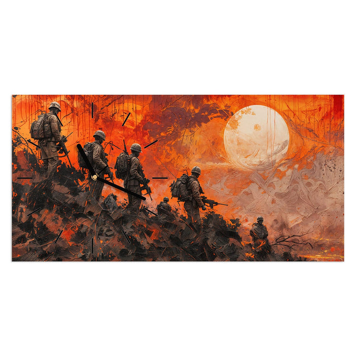 Wanduhr Soldaten im Sonnenuntergang aus Glas – Querformat 60 × 30 cm mit Ziffernblatt Linie