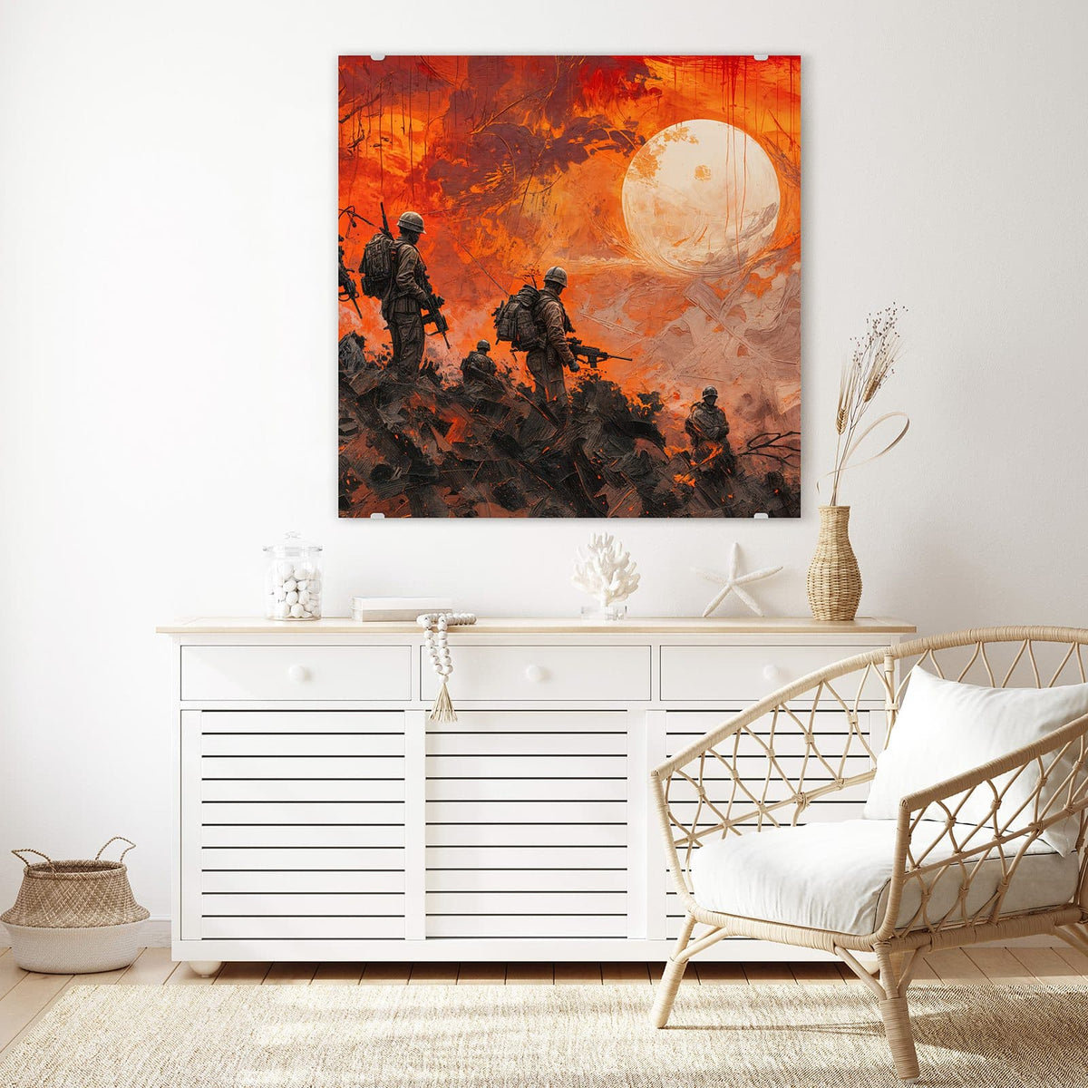 Echtglas, 4 mm – kein Acryl, keine Folie – Wandbild - Soldaten im Abendrot - Quadratisch