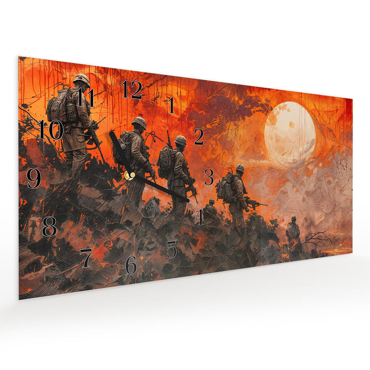 Vormontiert – mit Schwebeeffekt – Wanduhr Soldaten im Sonnenuntergang aus Glas – Querformat 60 × 30 cm