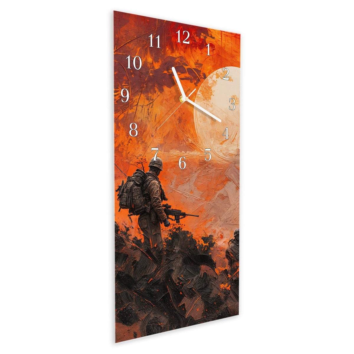 Vormontiert – mit Schwebeeffekt – Wanduhr Soldaten im Sonnenuntergang aus Glas – Hochformat 30 × 60 cm