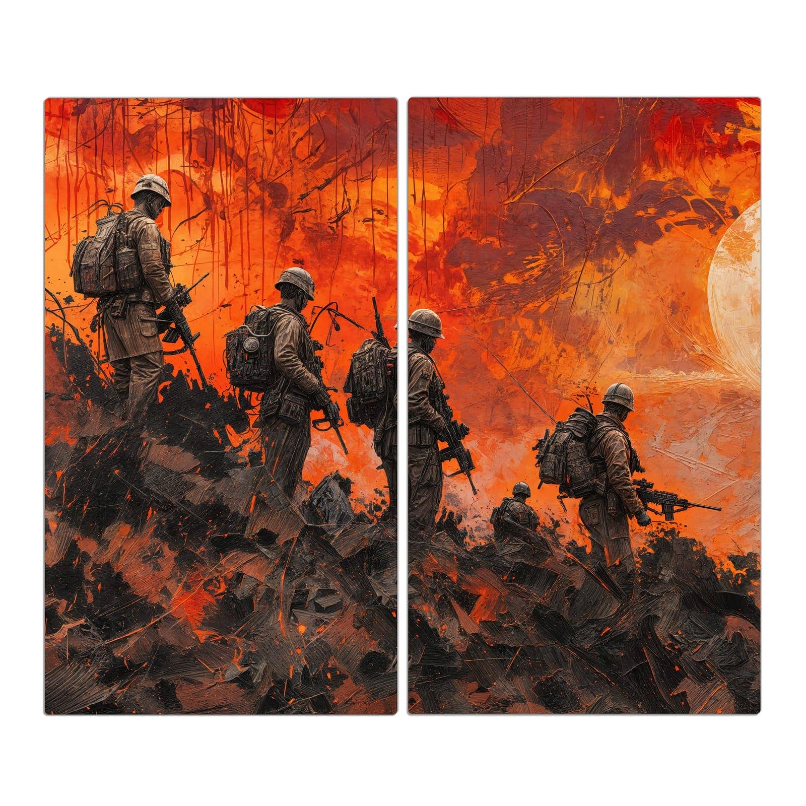 2-teilige Deckplatte aus Glas mit Soldaten im Sonnenuntergang-Motiv in der Frontansicht