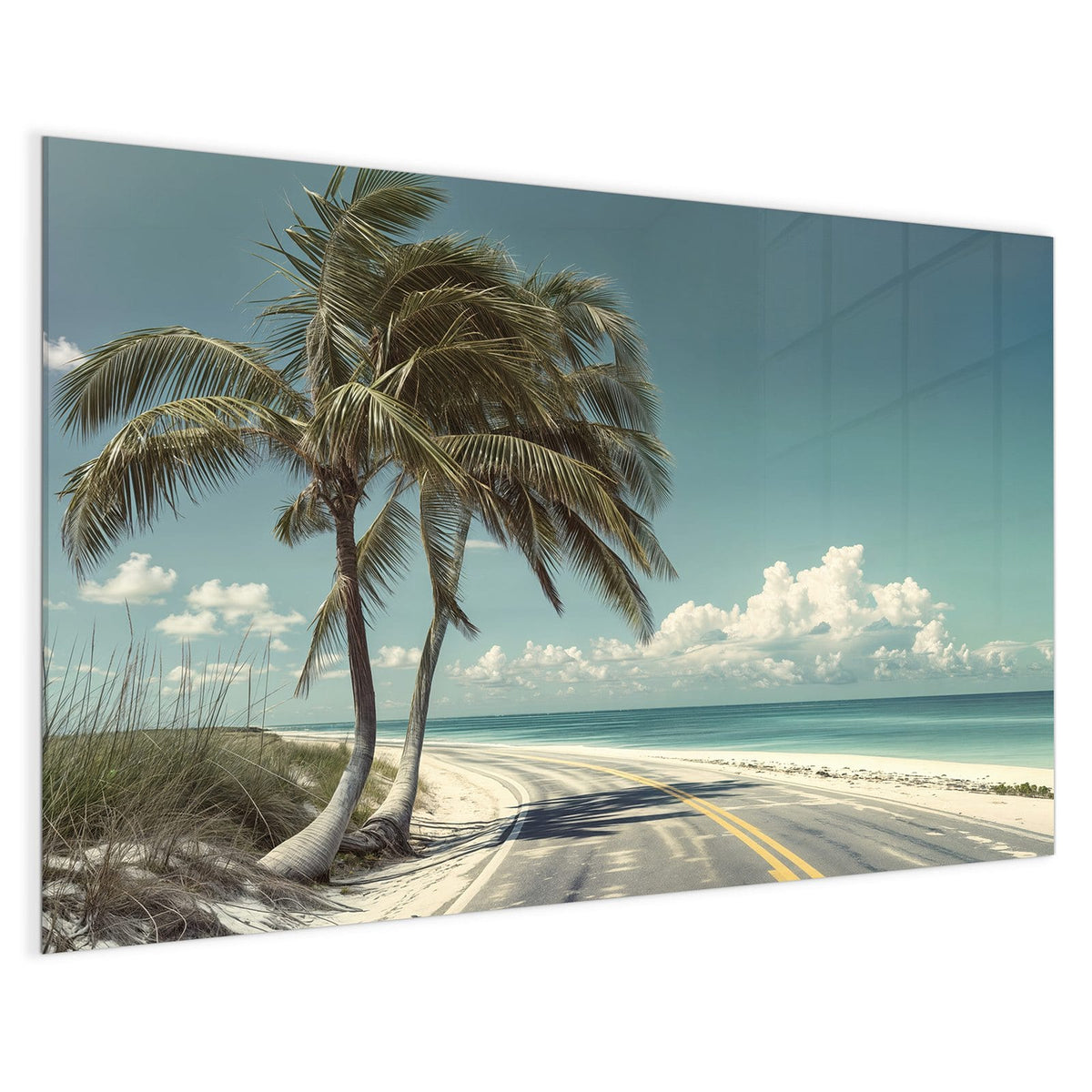 4 mm Glas statt lackiertem Blech – Magnettafel - Küstenstraße mit Palmen