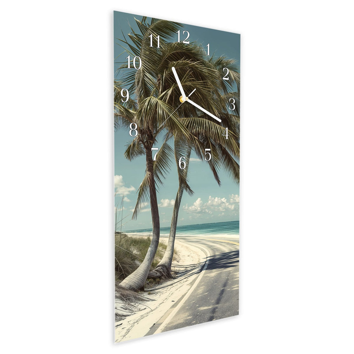 Vormontiert – mit Schwebeeffekt – Wanduhr Strandstraße Palmen aus Glas – Hochformat 30 × 60 cm