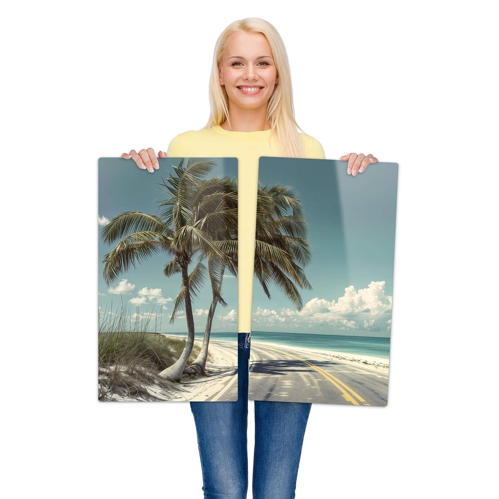 2-teilige Abdeckplatten für Herd mit Strandstraße Palmen-Motiv wird zur Größendarstellung gehalten