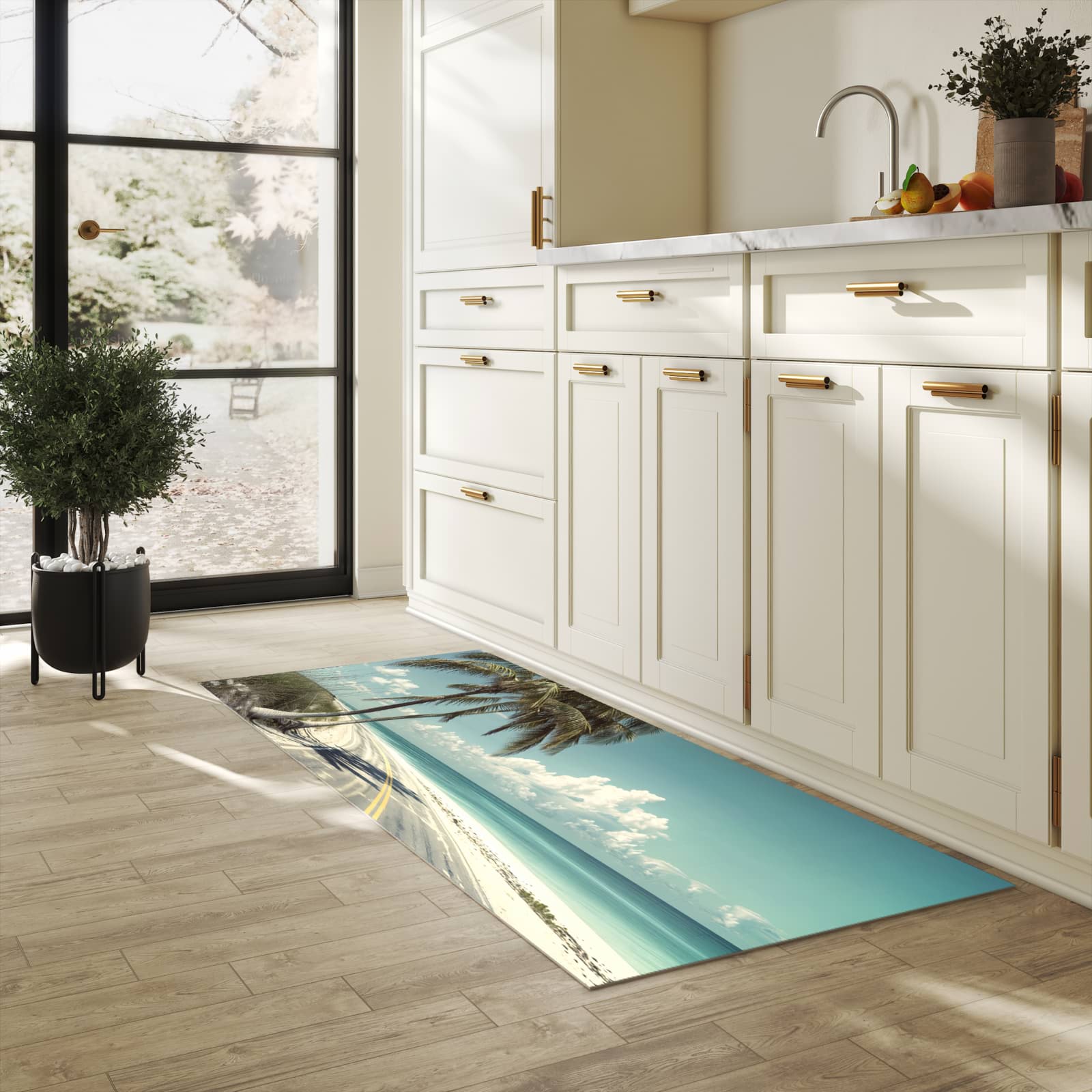 Bodenschonender Küchenteppich mit Motiv Strandstraße Palmen in heller Küche
