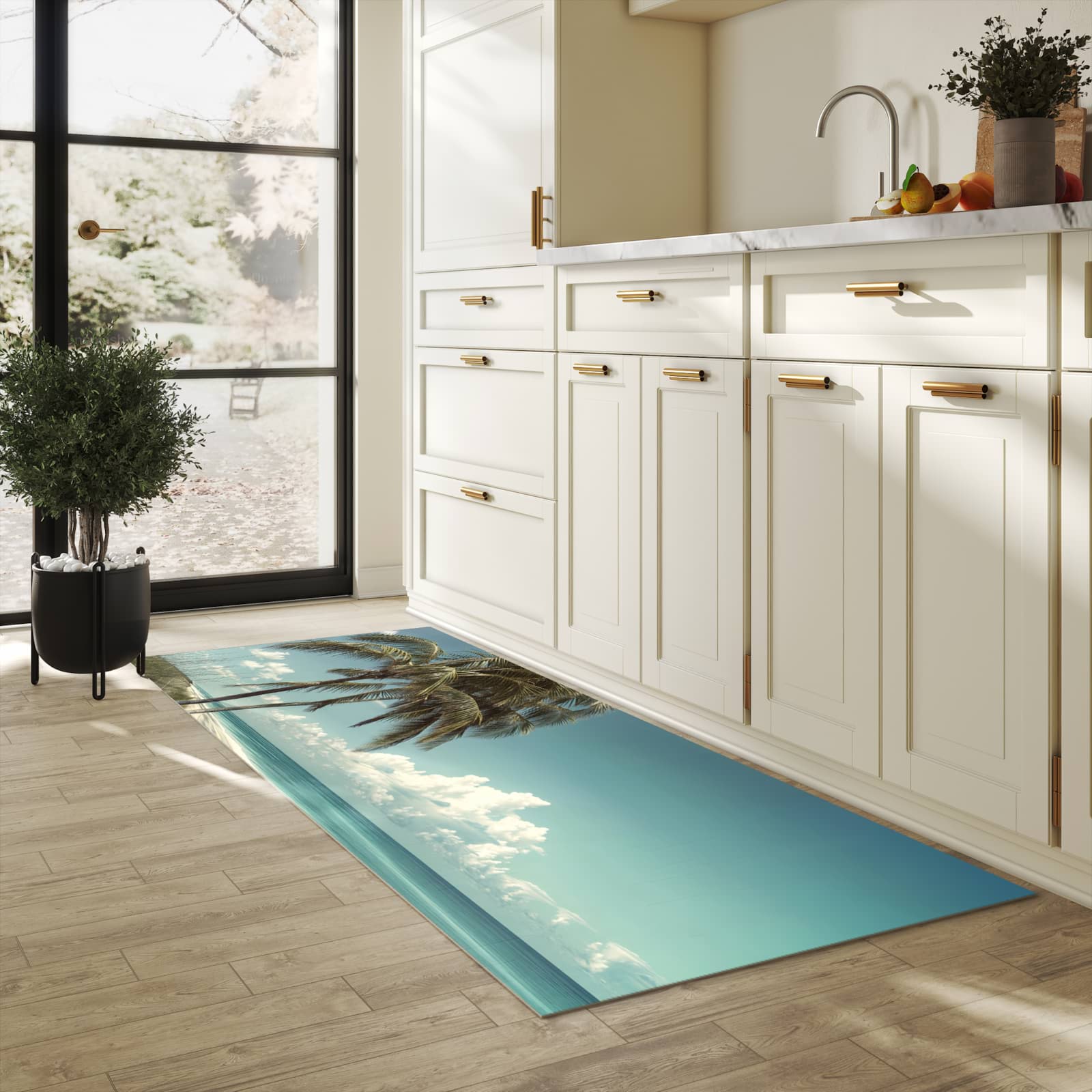 Küchenvorleger mit Motiv Strandstraße Palmen in heller Küche für sichere Aufbewahrung