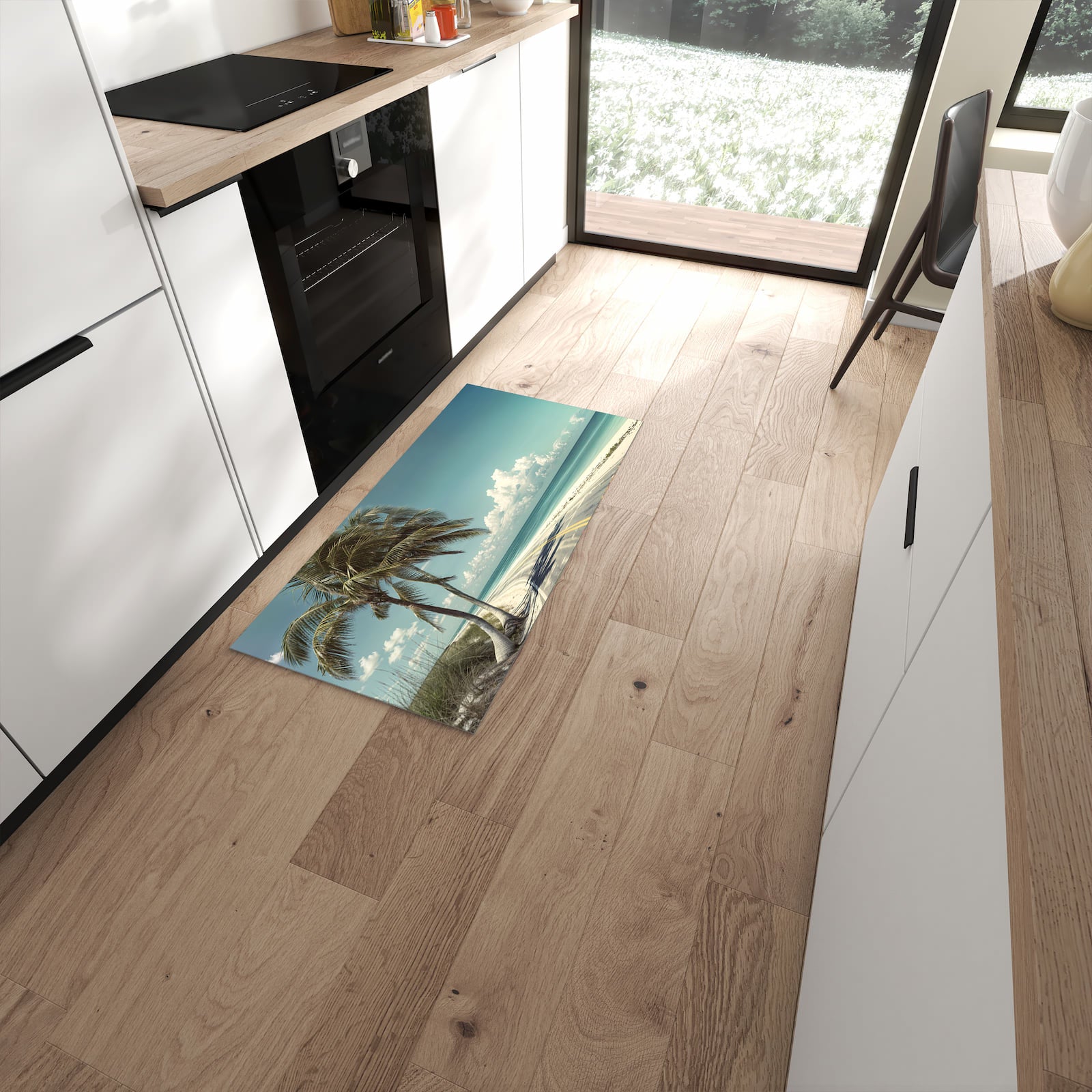 Rutschfester Küchenteppich mit Motiv Strandstraße Palmen in moderner Küche #grösse_60 x 120 cm
