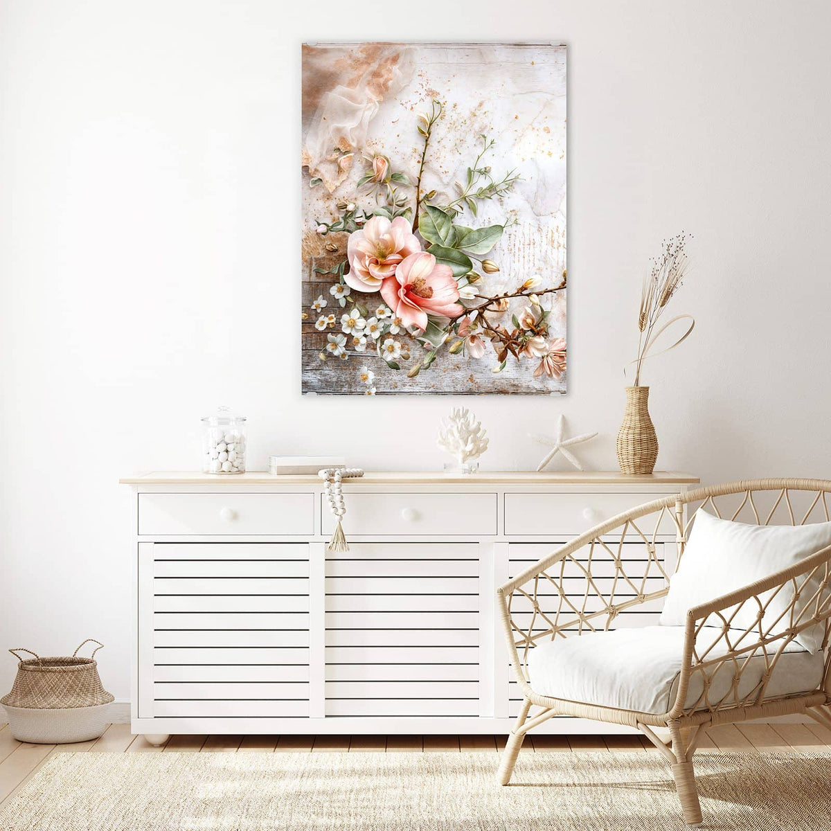 Aufhängung liegt bei – Motiv später wechselbar – Wandbild - Magnolien auf Holz - Hochformat