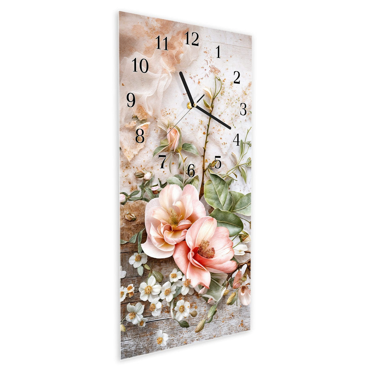 Wanduhr aus Glas im Hochformat Magnolien auf Holz schräg von der Seite, 4 mm starkes Glas
