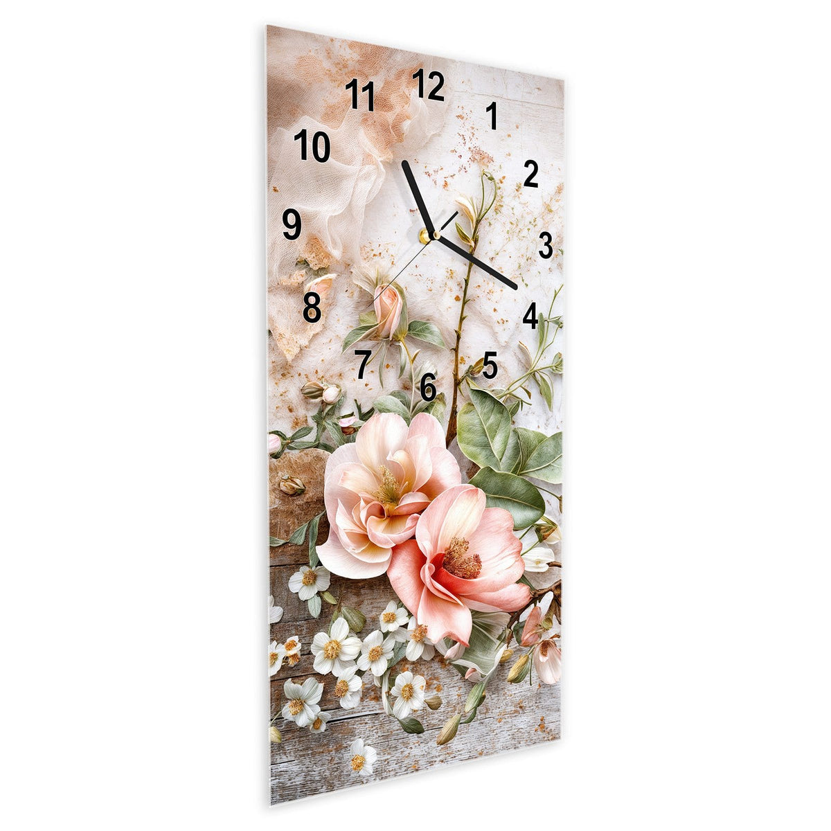 Wanduhr aus Glas im Hochformat Magnolien auf Holz schräg von der Seite, 4 mm starkes Glas