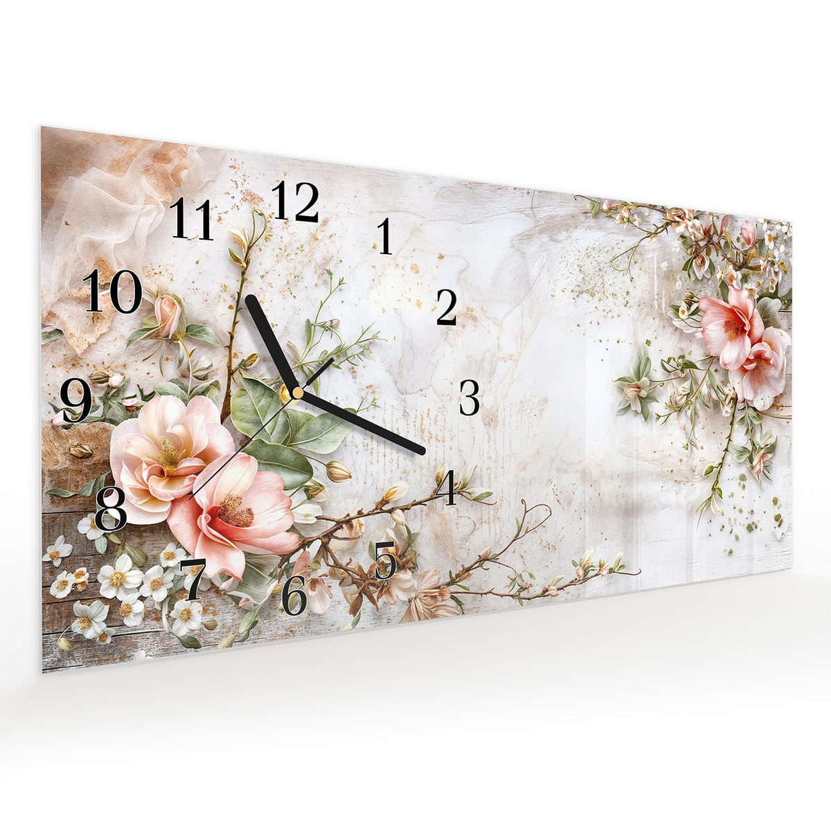 Vormontiert – mit Schwebeeffekt – Wanduhr Warme Blumenarrangement aus Glas – Querformat 60 × 30 cm