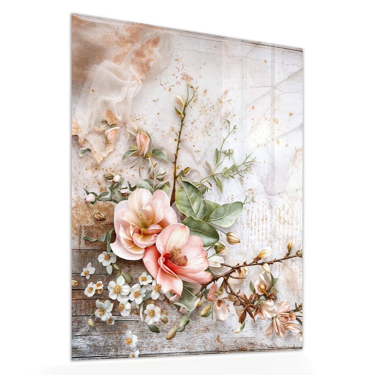 Echtglas, 4 mm – kein Acryl, keine Folie – Wandbild - Magnolien auf Holz - Hochformat