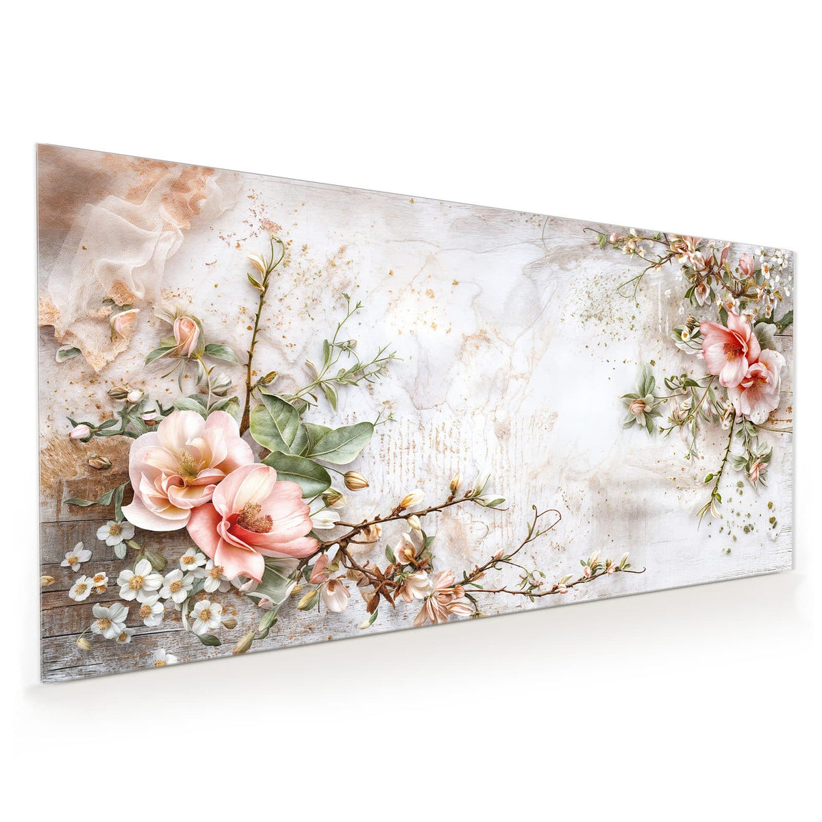 Zwei apricotfarbene Magnolienblüten mit Knospenzweig und weißen Blüten auf verwittertem Holz