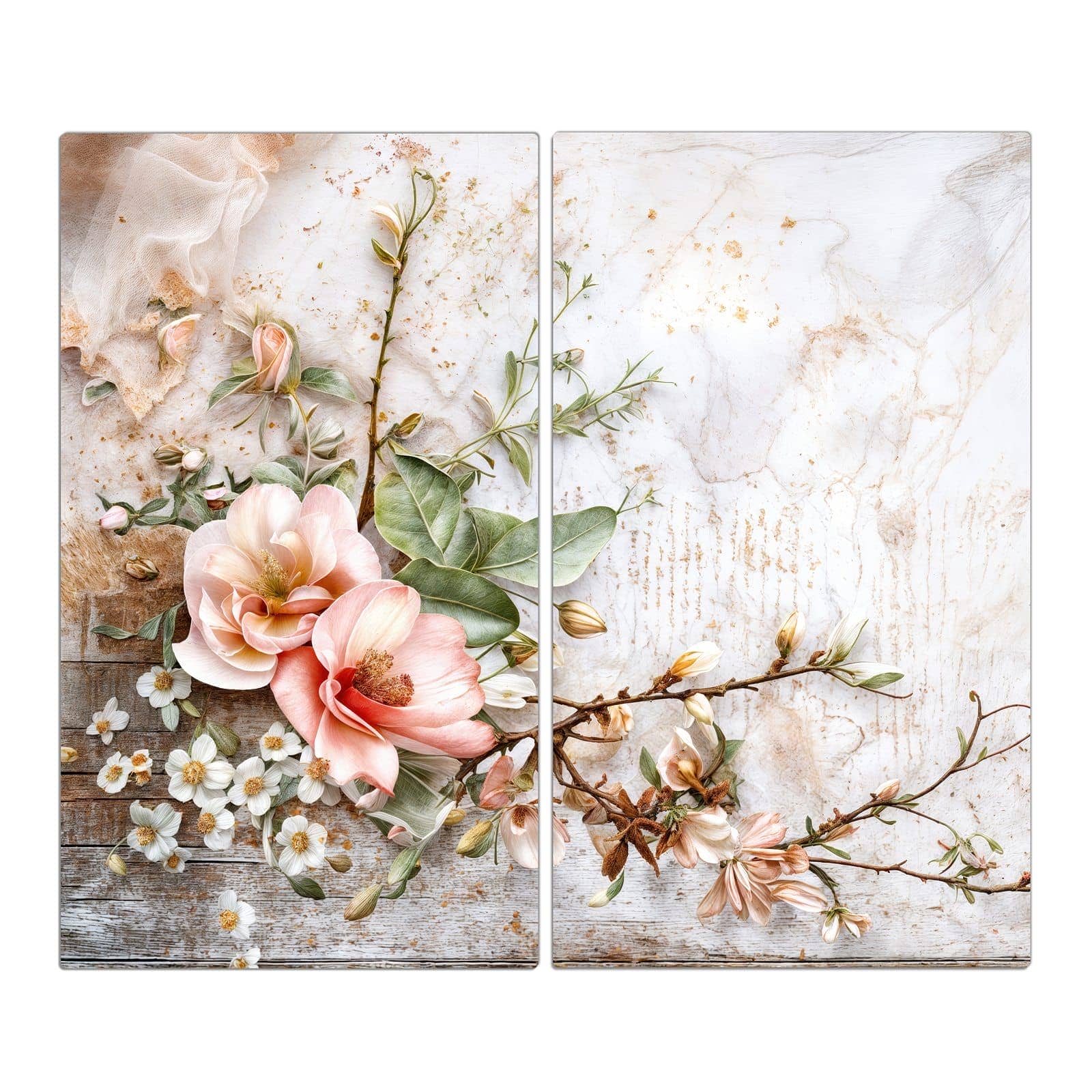 2-teilige Abdeckplatten für den Herd mit Warme Blumenarrangement-Motiv in der Frontansicht